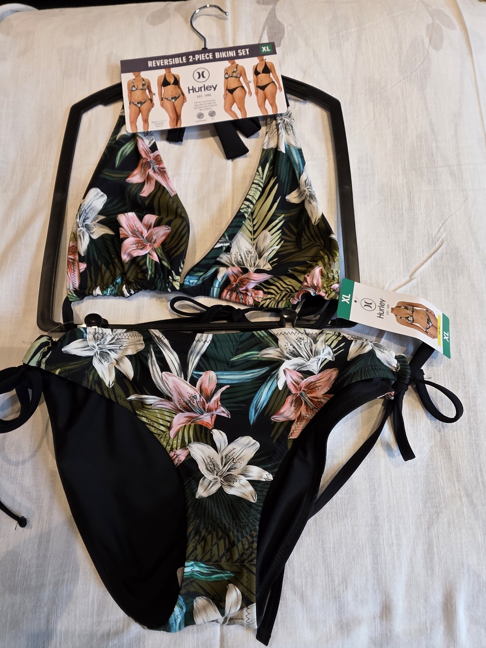 Hurley Reversible Tropical Floral Bikini Set - Black & Green